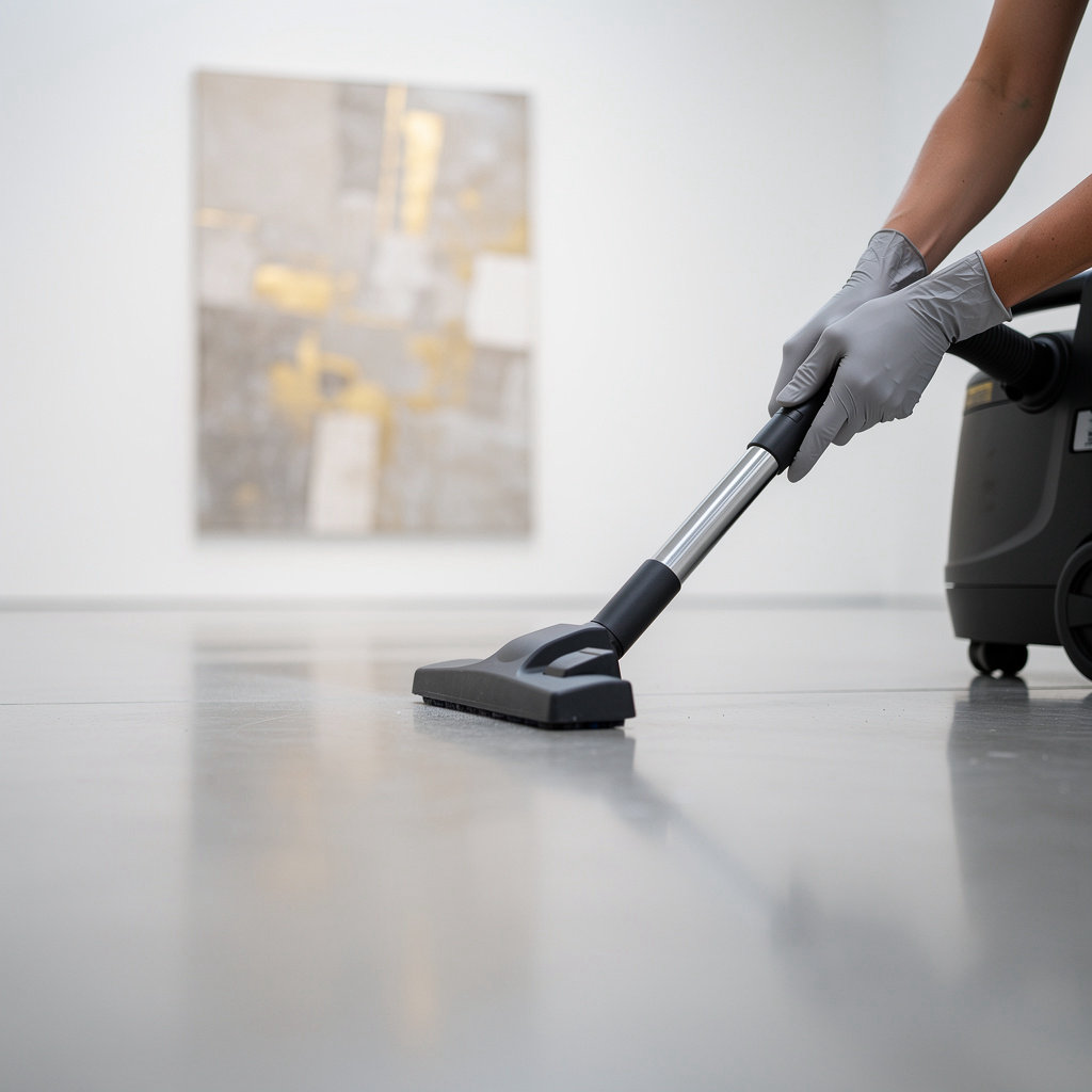 SanMar Building Services LLC polished gallery floor with soft professional lighting showcasing conservation-grade facility care for fine art preservation
